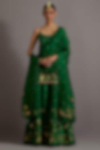 Green Chanderi Jaal Embroidered Sharara Set by Deep thee at Pernia's Pop Up Shop