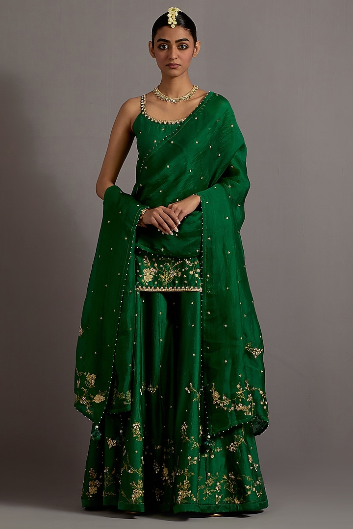 Green Chanderi Jaal Embroidered Sharara Set by Deep thee at Pernia's Pop Up Shop