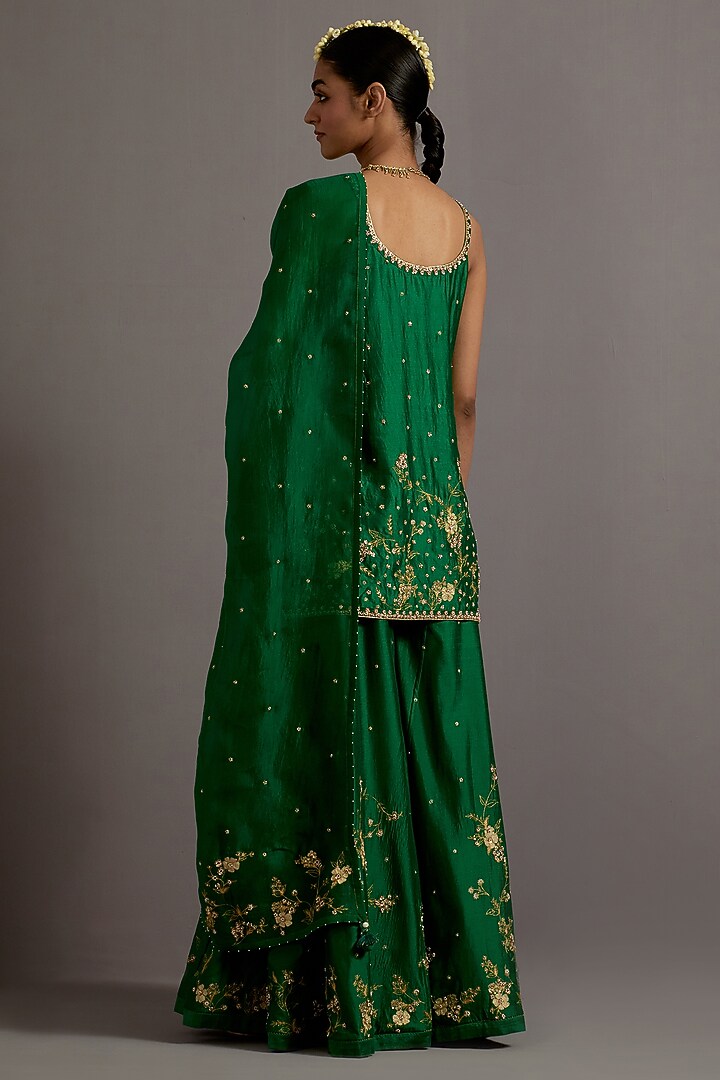 Green Chanderi Jaal Embroidered Bridal Sharara Set by Deep thee at Pernia's Pop Up Shop