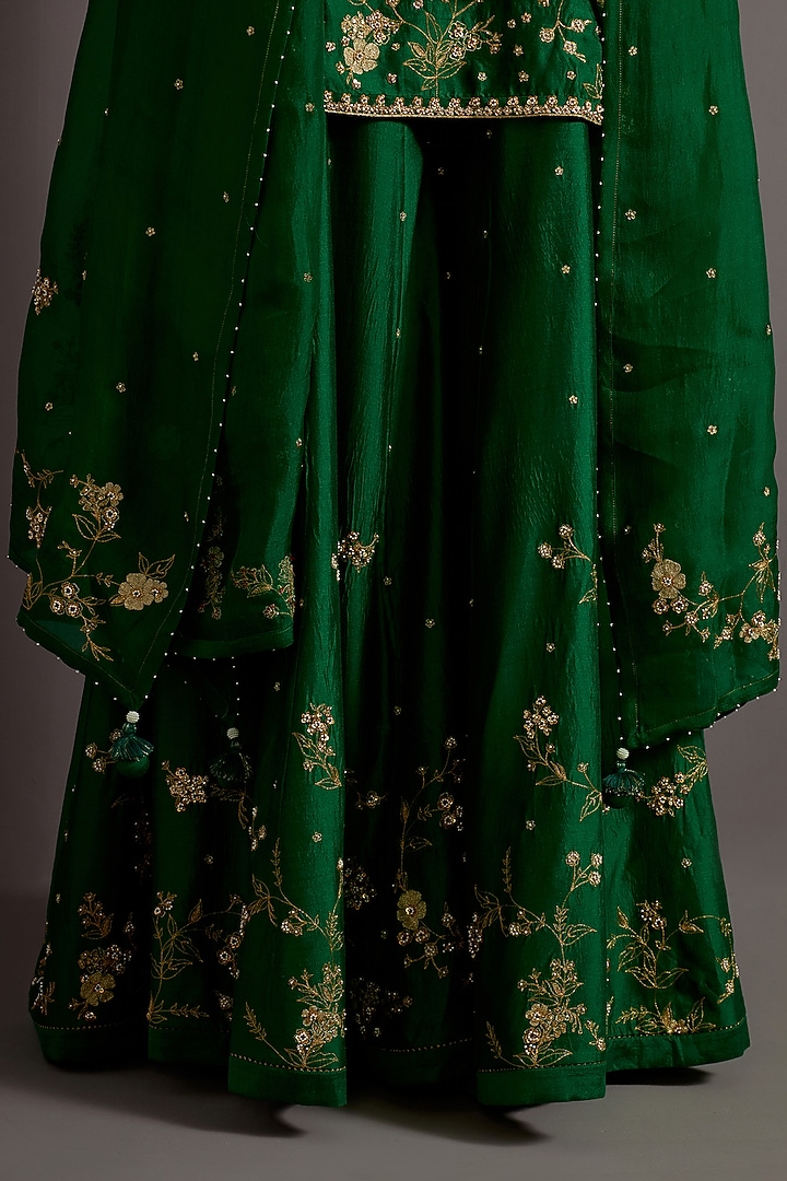 Green Chanderi Jaal Embroidered Bridal Sharara Set by Deep thee at Pernia's Pop Up Shop
