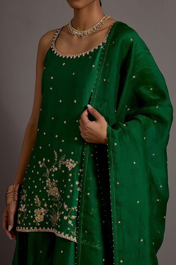 Green Chanderi Jaal Embroidered Bridal Sharara Set by Deep thee at Pernia's Pop Up Shop