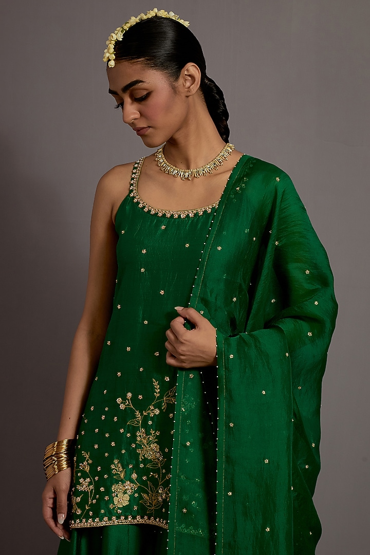 Green Chanderi Jaal Embroidered Bridal Sharara Set by Deep thee at Pernia's Pop Up Shop