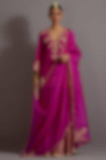 Fuchsia Pink Chanderi Tissue Checkered Sharara Set by Deep thee at Pernia's Pop Up Shop