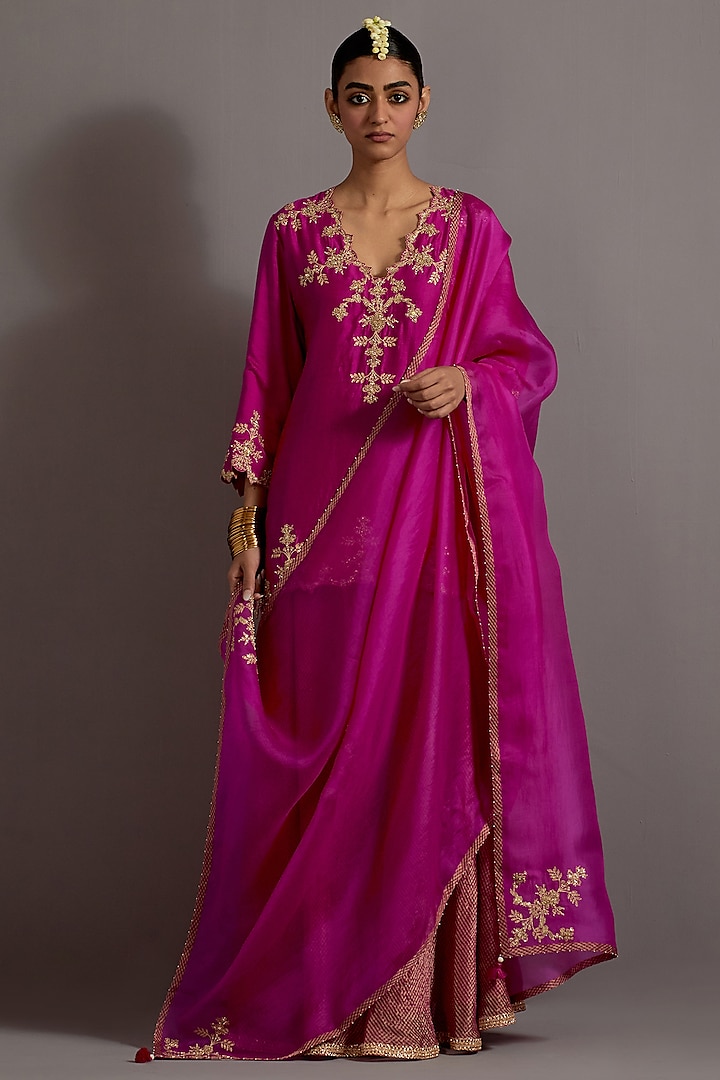 Fuchsia Pink Chanderi Tissue Checkered Sharara Set by Deep thee at Pernia's Pop Up Shop