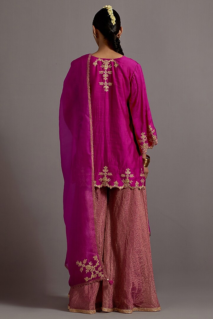 Fuchsia Pink Chanderi Tissue Checkered Wedding Sharara Set by Deep thee at Pernia's Pop Up Shop