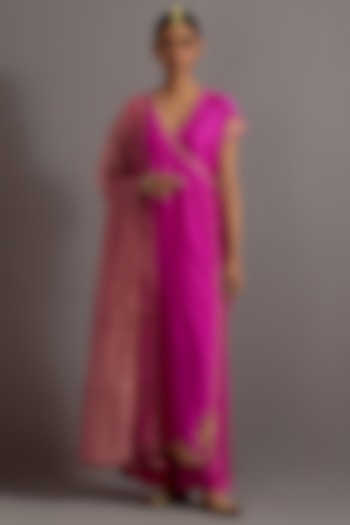 Fuchsia Pink Silk Zardosi Embroidered Straight Angrakha Kurta Set by Deep thee at Pernia's Pop Up Shop