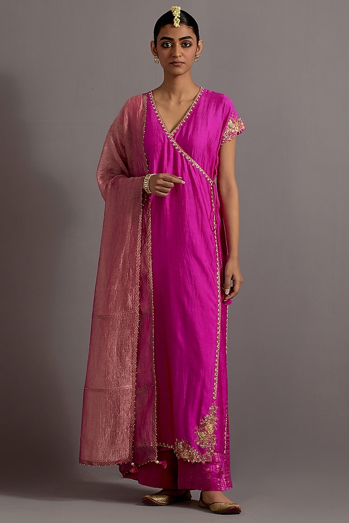 Fuchsia Pink Silk Zardosi Embroidered Straight Angrakha Kurta Set by Deep thee at Pernia's Pop Up Shop