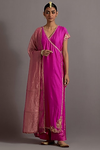 Fuchsia Pink Silk Zardosi Embroidered Straight Angrakha Kurta Set by Deep thee