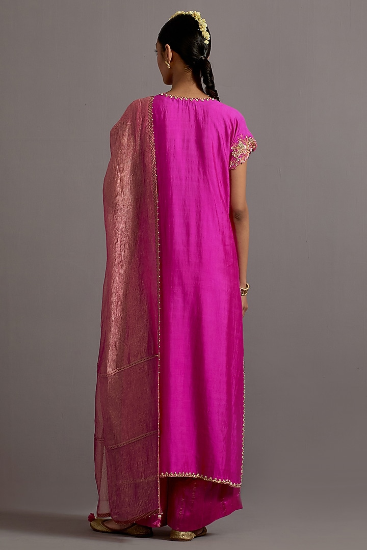 Fuchsia Pink Silk Zardosi Embroidered Straight Angrakha Kurta Set by Deep thee at Pernia's Pop Up Shop