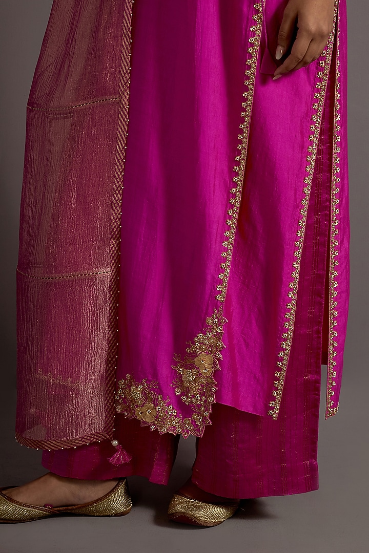 Fuchsia Pink Silk Zardosi Embroidered Straight Angrakha Kurta Set by Deep thee at Pernia's Pop Up Shop