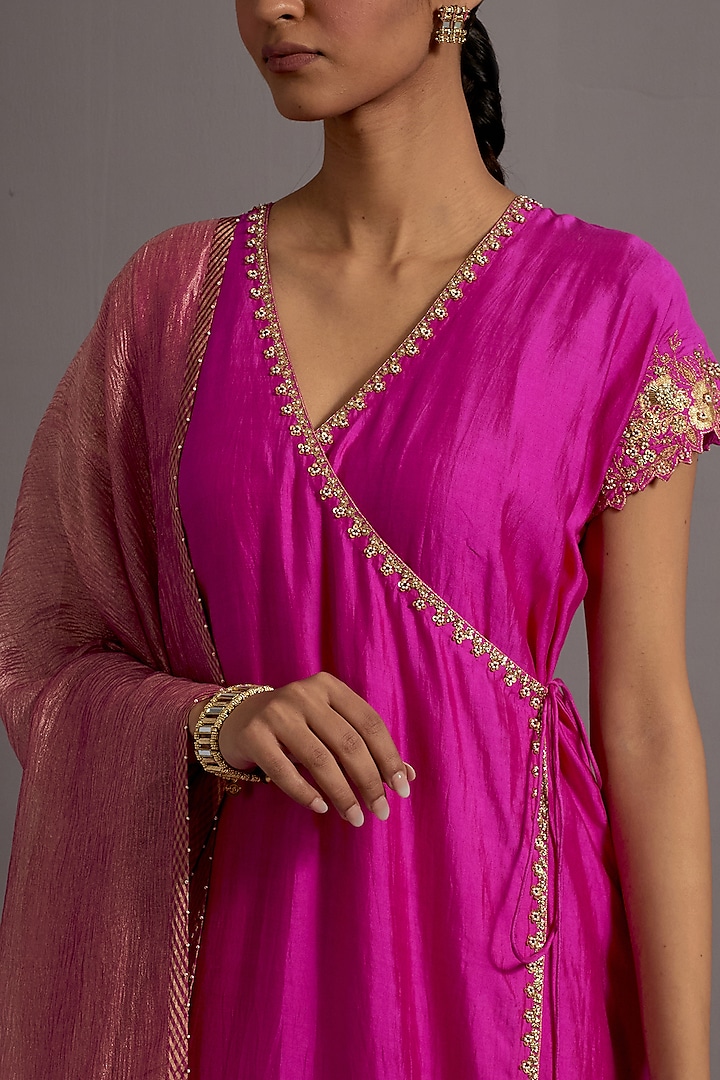 Fuchsia Pink Silk Zardosi Embroidered Straight Angrakha Kurta Set by Deep thee at Pernia's Pop Up Shop