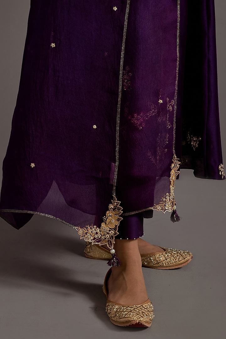 Aubergine Chanderi Zardosi Embroidered Angrakha Kurta Set by Deep thee at Pernia's Pop Up Shop