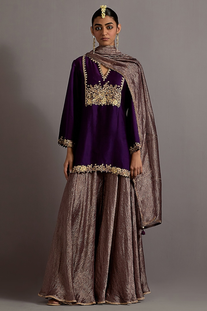 Aubergine Crushed Metallic Sharara Set by Deep thee