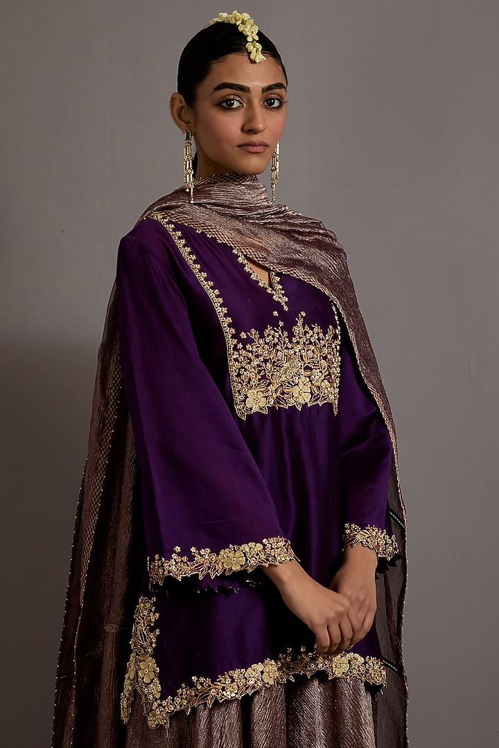 Aubergine Crushed Metallic Wedding Sharara Set by Deep thee at Pernia's Pop Up Shop