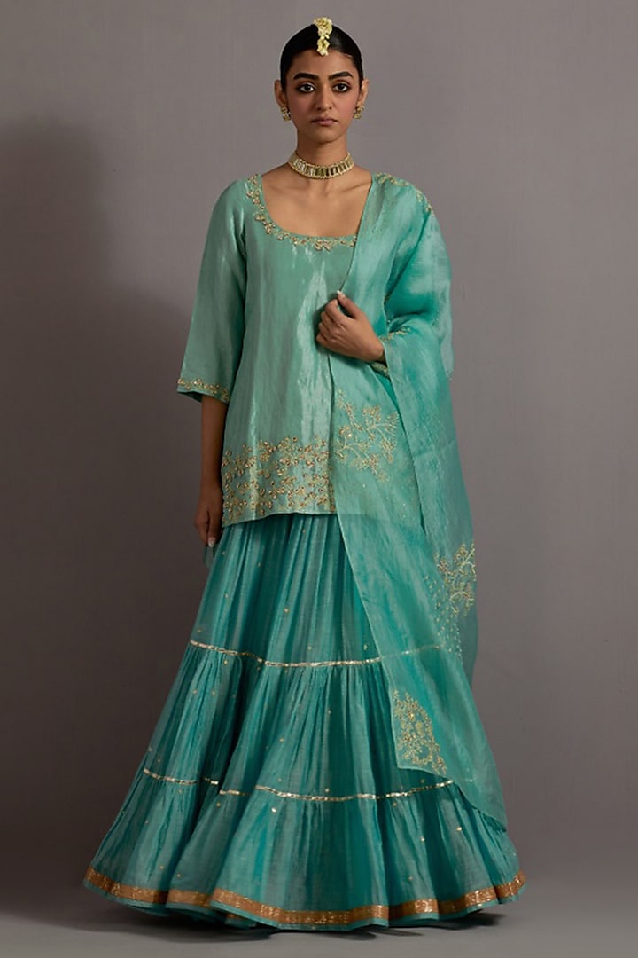 Powder Blue Chanderi Embroidered Tiered Skirt Set by Deep thee at Pernia's Pop Up Shop