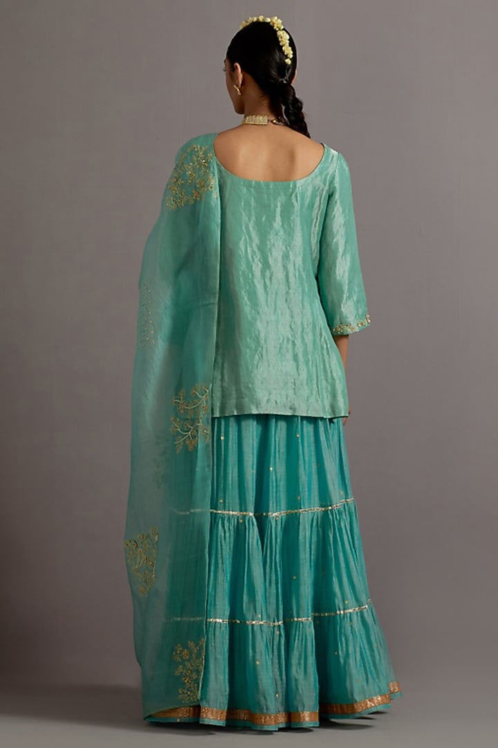 Powder Blue Chanderi Embroidered Tiered Skirt Set by Deep thee at Pernia's Pop Up Shop