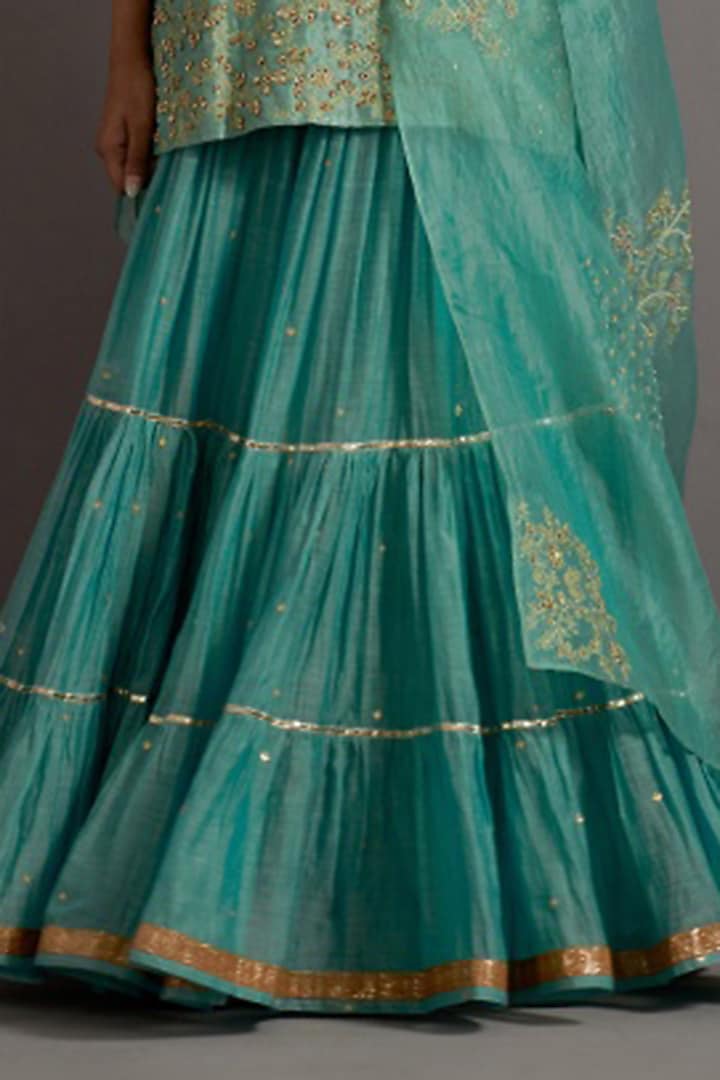 Powder Blue Chanderi Embroidered Tiered Skirt Set by Deep thee at Pernia's Pop Up Shop