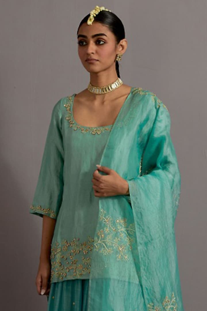 Powder Blue Chanderi Embroidered Tiered Skirt Set by Deep thee at Pernia's Pop Up Shop