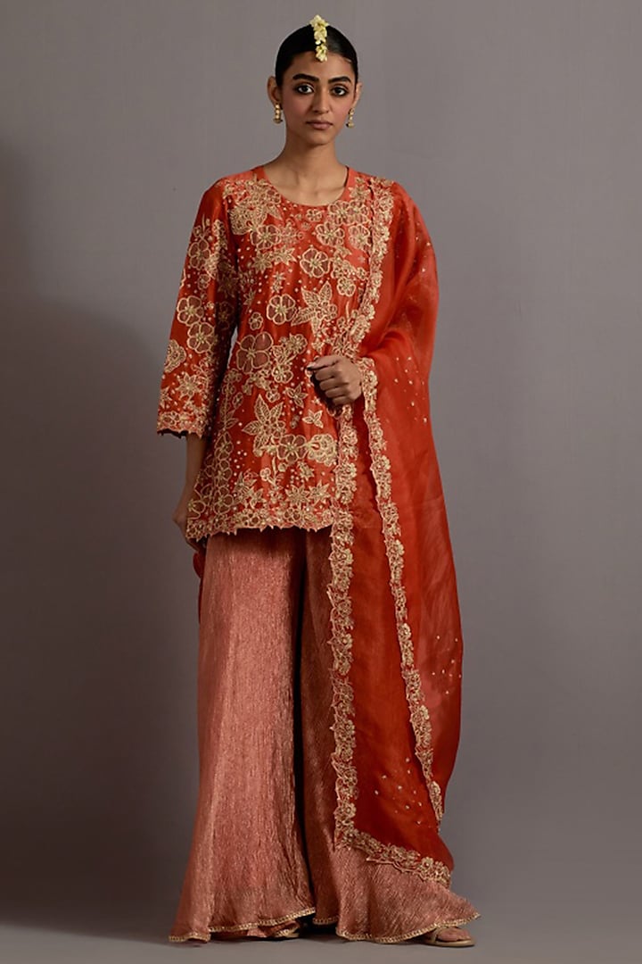 Tangerine Chanderi Metallic Crushed Sharara Set by Deep thee at Pernia's Pop Up Shop