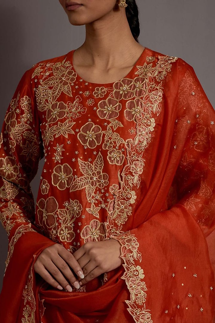 Tangerine Chanderi Metallic Crushed Bridal Sharara Set by Deep thee at Pernia's Pop Up Shop