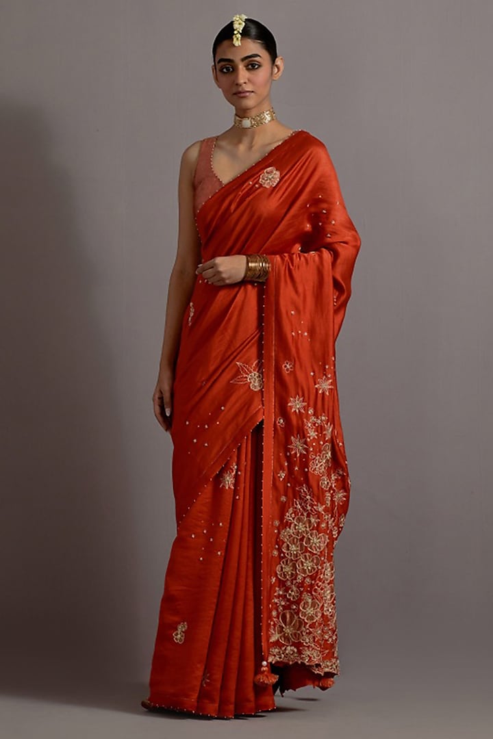 Tangerine Silk & Tissue Boota Embroidered Saree Set by Deep thee