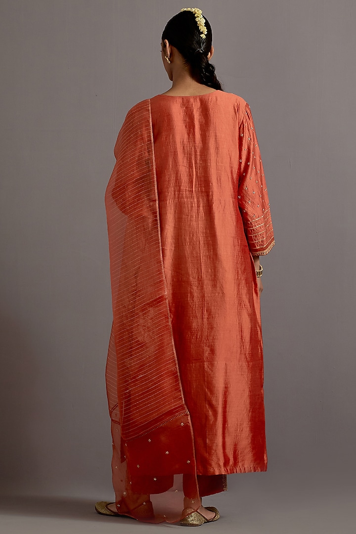 Orange Silk Zardosi Embroidered Straight Kurta Set by Deep thee at Pernia's Pop Up Shop
