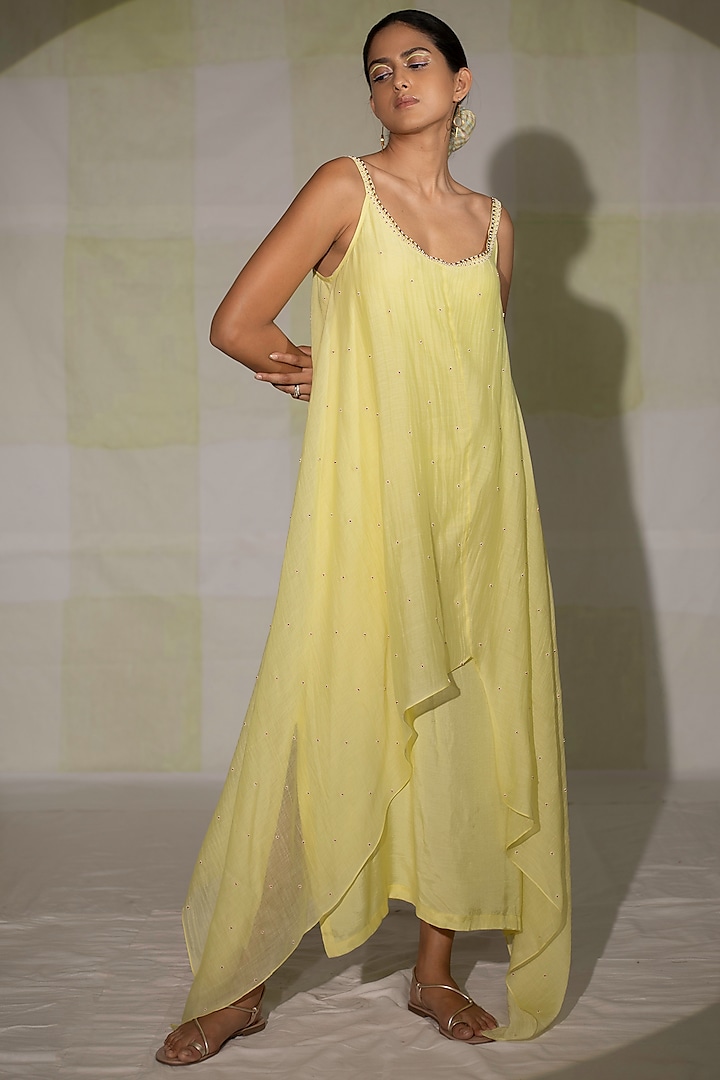 Lemon Yellow Embroidered Slip Dress by Deep thee