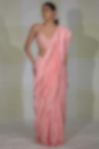Chalk Pink Silk Embroidered Saree Set by Deep thee