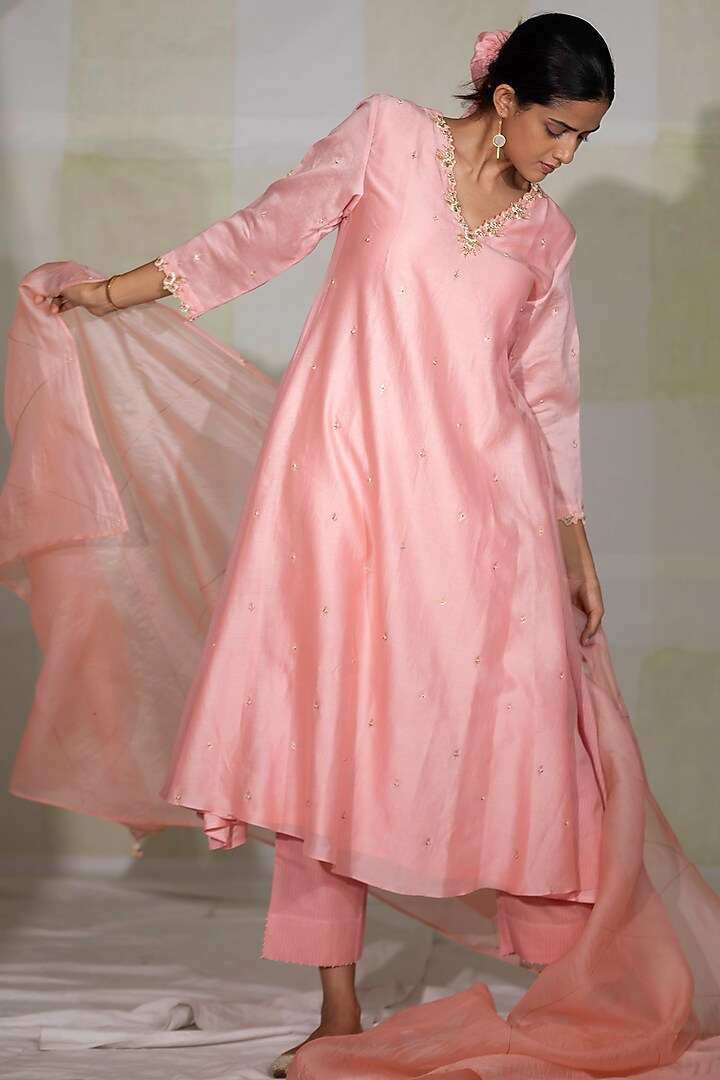 Chalk Pink Hand Embroidered Anarkali Set by Deep thee