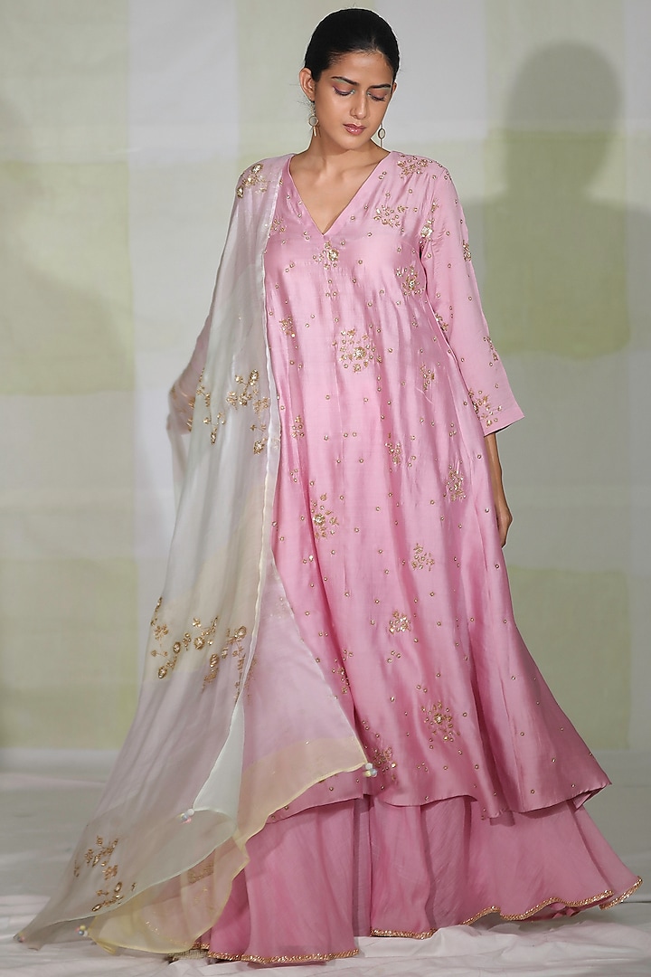 Pink Hand Embroidered Sharara Set by Deep thee