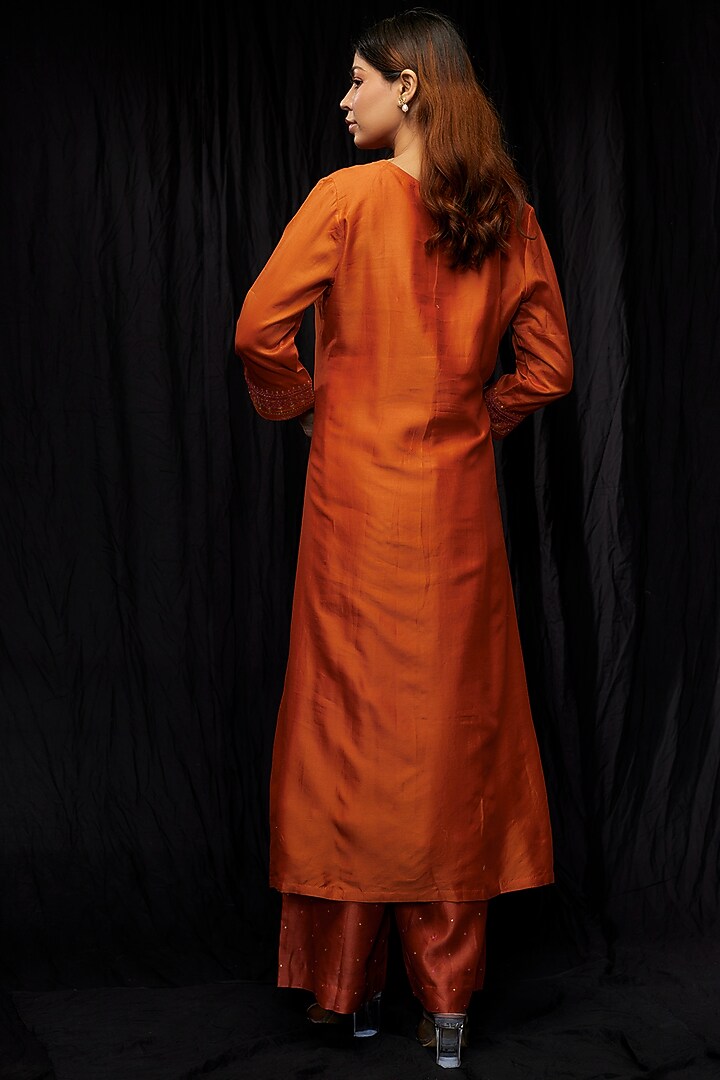 Rust Orange Chanderi & Organza Embroidered A-Line Kurta Set by Deep thee at Pernia's Pop Up Shop