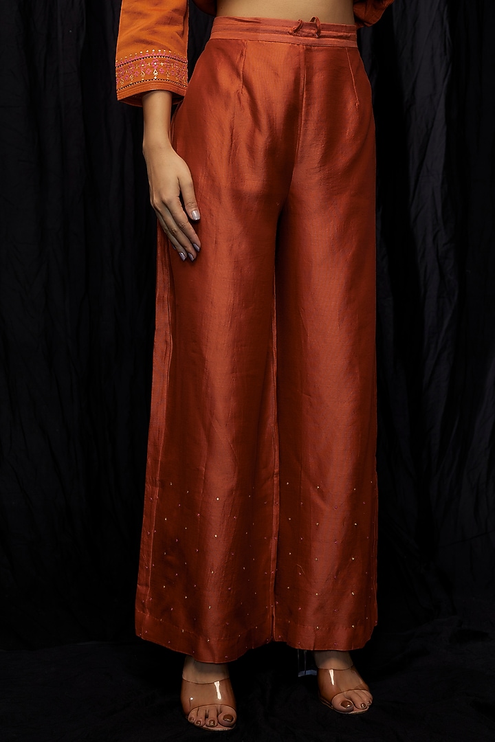 Rust Orange Chanderi & Organza Embroidered A-Line Kurta Set by Deep thee at Pernia's Pop Up Shop