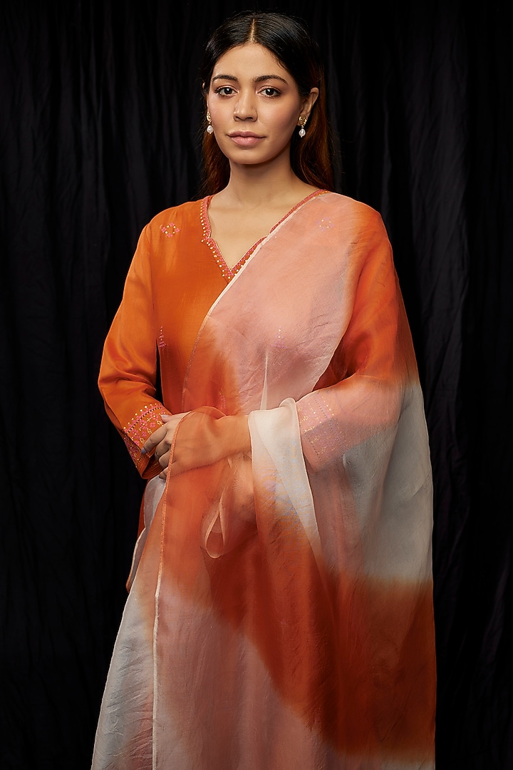 Rust Orange Chanderi & Organza Embroidered A-Line Kurta Set by Deep thee at Pernia's Pop Up Shop