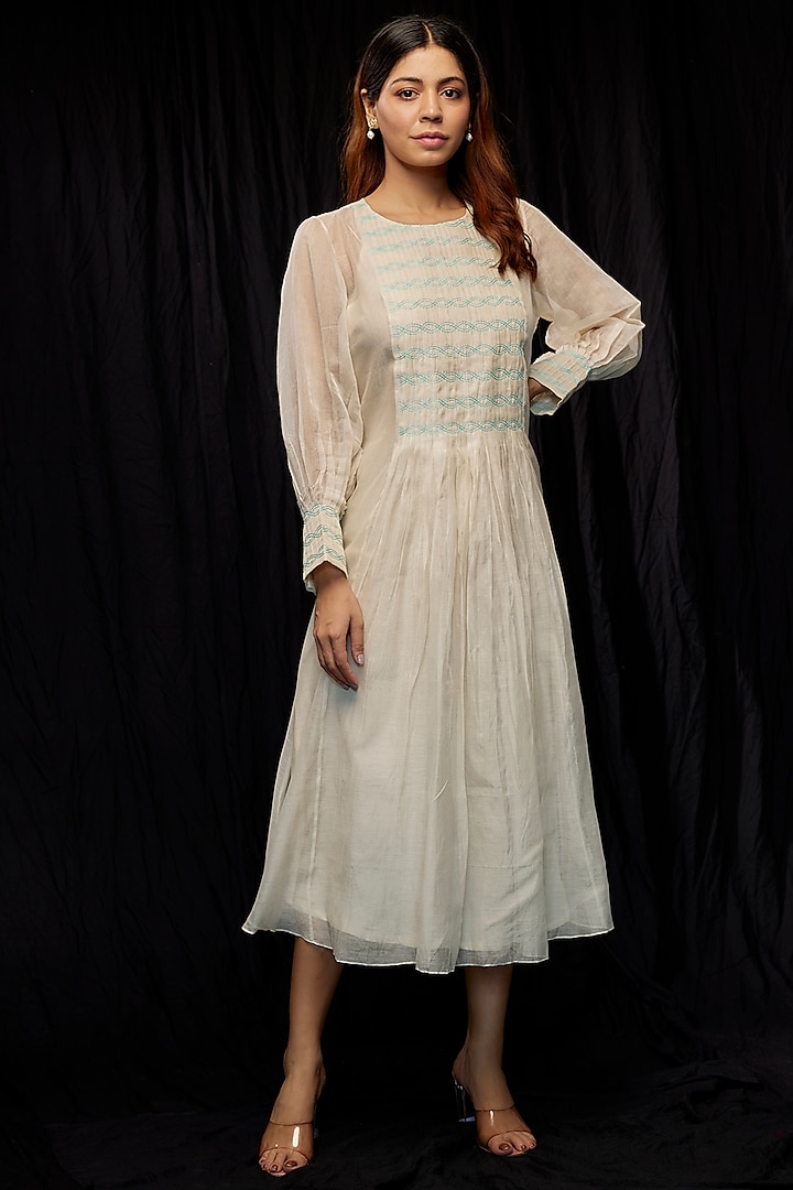 Ivory Chanderi Hand Embroidered Pintuck Dress by Deep thee