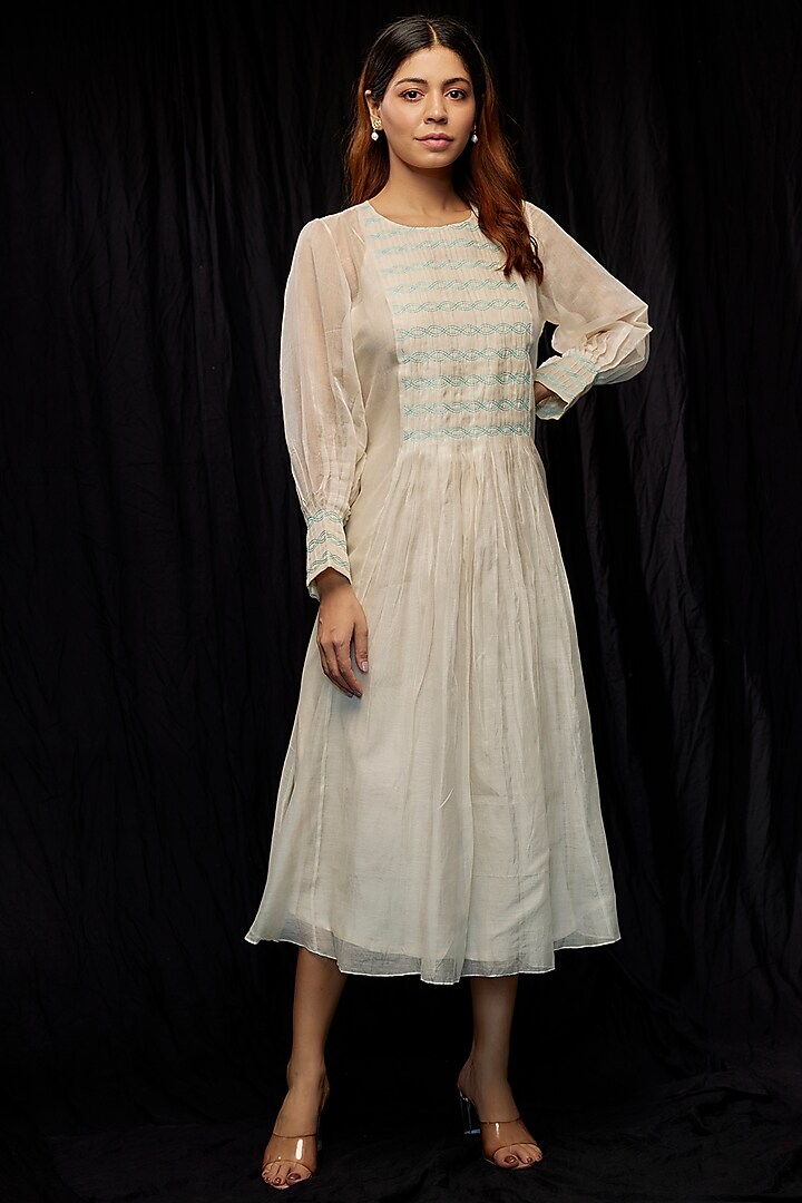 Ivory Chanderi Hand Embroidered Pintuck Dress by Deep thee