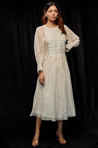 Ivory Chanderi Hand Embroidered Pintuck Dress by Deep thee