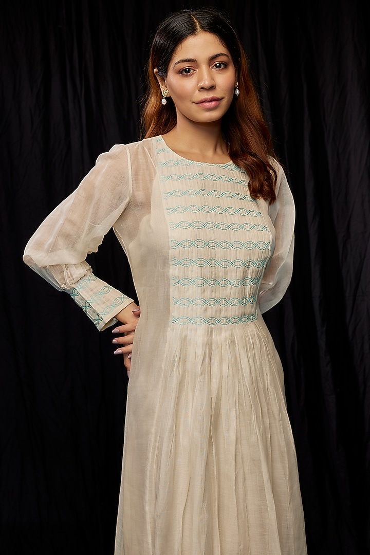 Ivory Chanderi Hand Embroidered Pintuck Summer Dress by Deep thee at Pernia's Pop Up Shop
