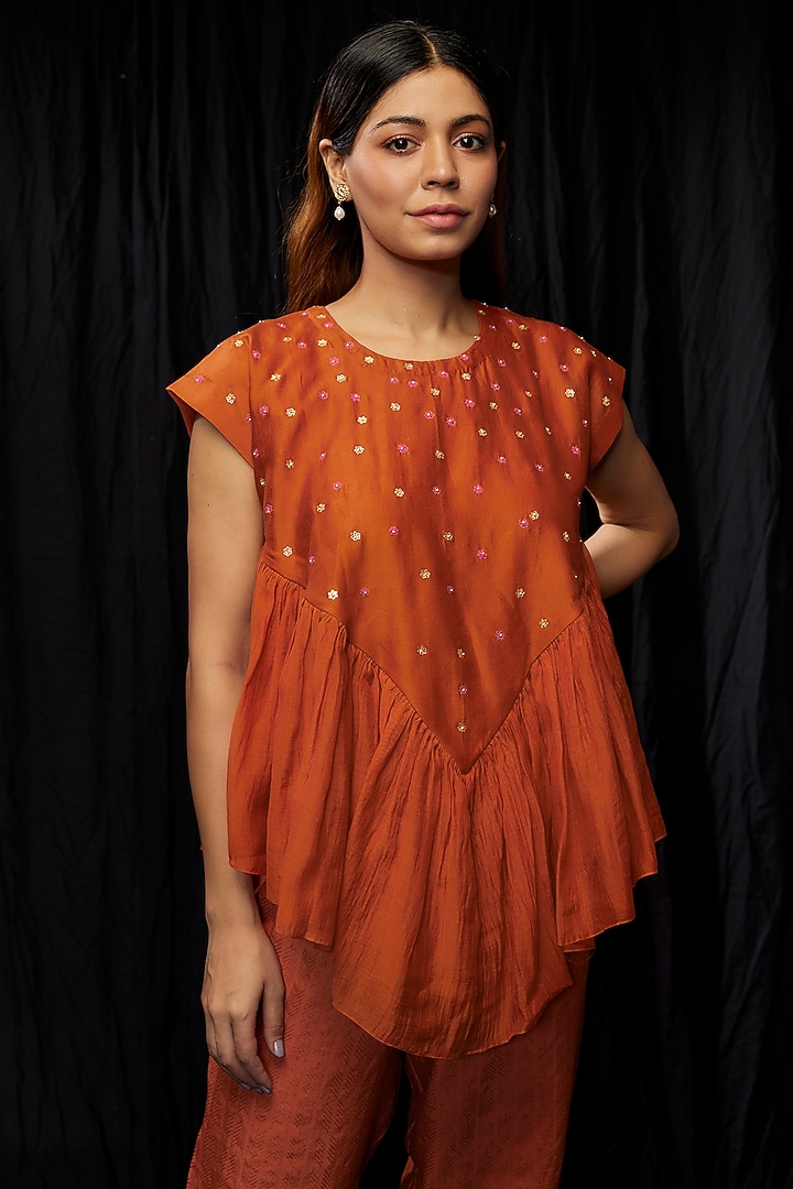 Rust Orange Chanderi Co-Ord Set by Deep thee at Pernia's Pop Up Shop