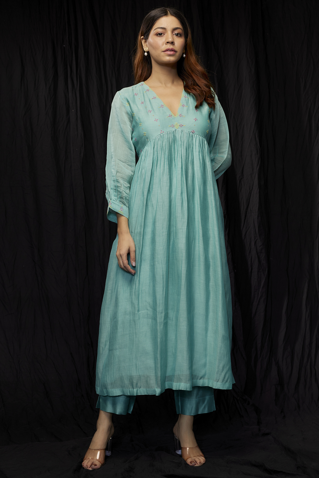 Powder Blue Chanderi Gathered Kurta Set by Deep thee at Pernia's Pop Up Shop