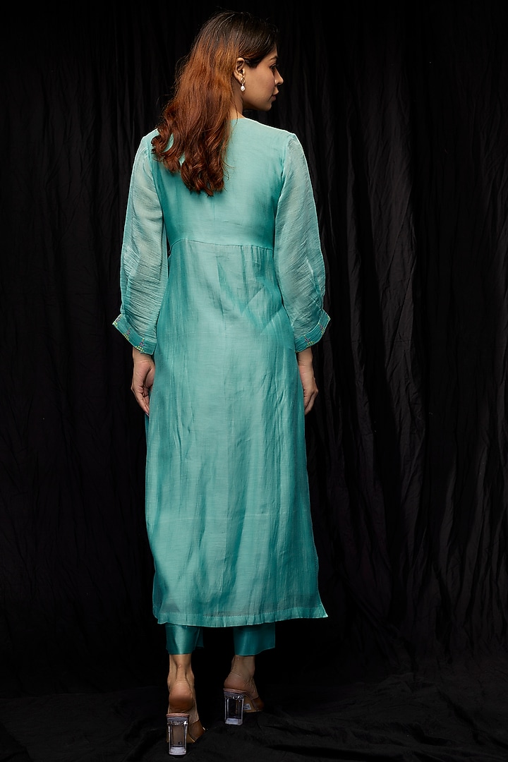Powder Blue Chanderi Gathered Kurta Set by Deep thee at Pernia's Pop Up Shop
