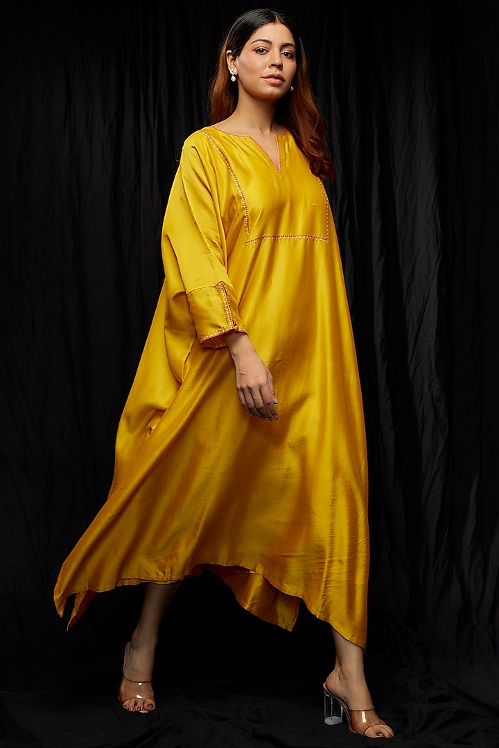 Yellow Chanderi Hand Embroidered Kaftan by Deep thee