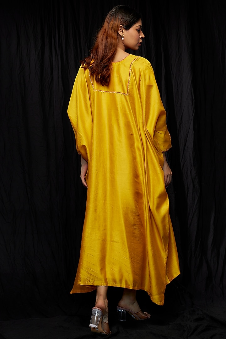 Yellow Chanderi Hand Embroidered Kaftan by Deep thee at Pernia's Pop Up Shop