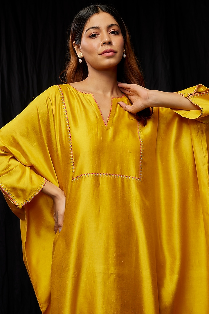 Yellow Chanderi Hand Embroidered Kaftan by Deep thee at Pernia's Pop Up Shop