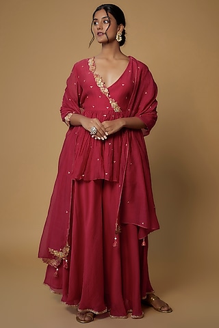 Red Chanderi Sharara Set by Deep thee