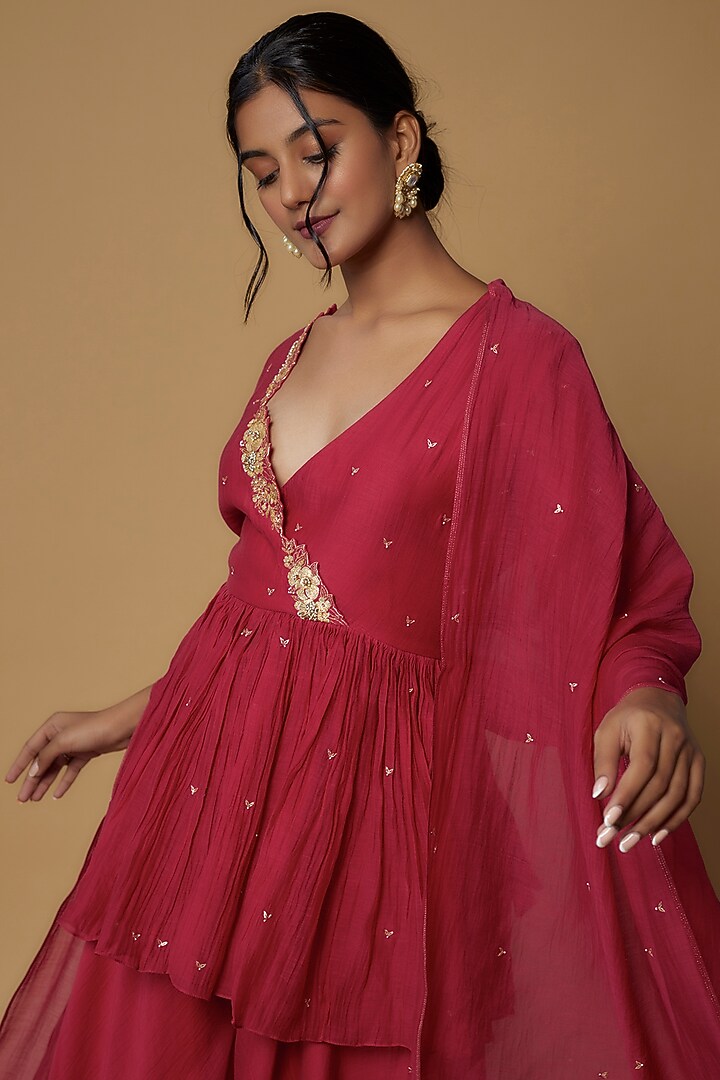 Red Chanderi Wedding Sharara Set by Deep thee at Pernia's Pop Up Shop