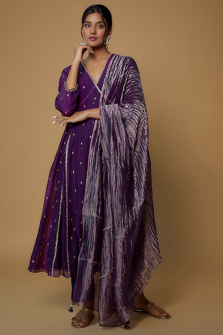 Aubergine Chanderi Embroidered Angrakha Set by Deep thee