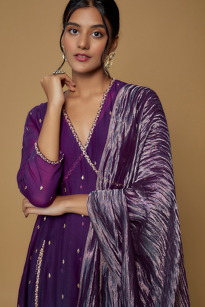 Aubergine Chanderi Embroidered Angrakha Set by Deep thee at Pernia's Pop Up Shop