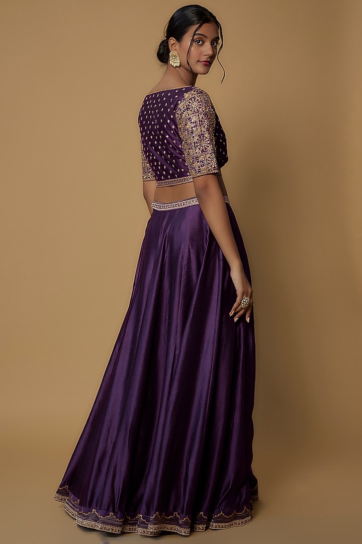 Aubergine Silk Embroidered Wedding Lehenga Set by Deep thee at Pernia's Pop Up Shop