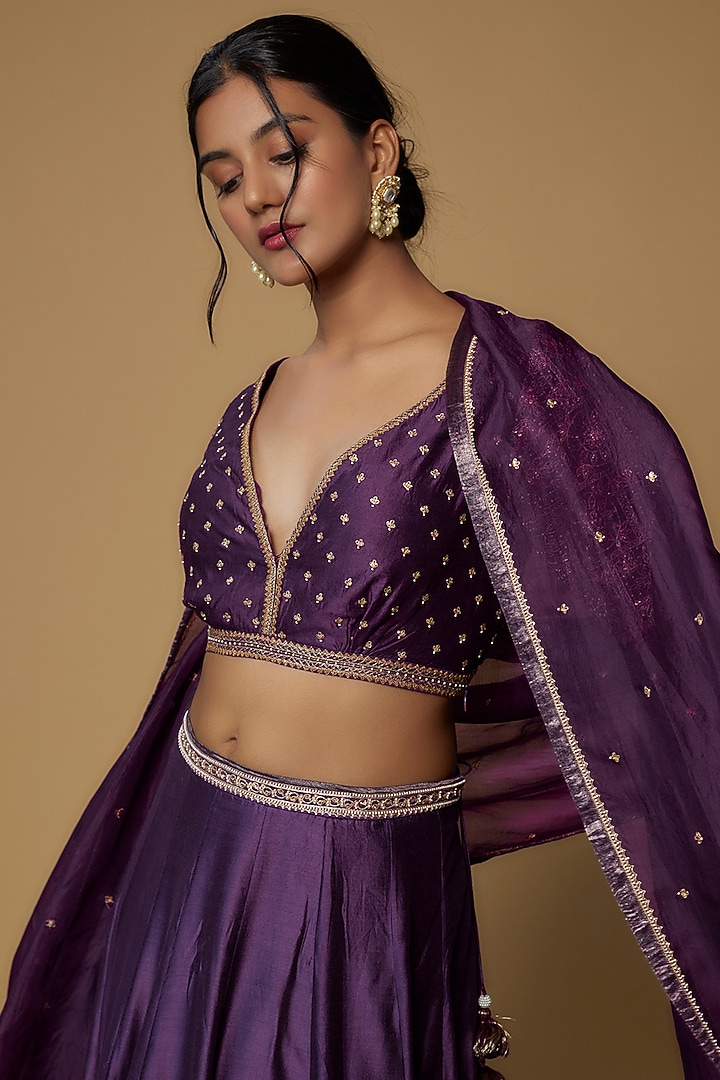 Aubergine Silk Embroidered Wedding Lehenga Set by Deep thee at Pernia's Pop Up Shop
