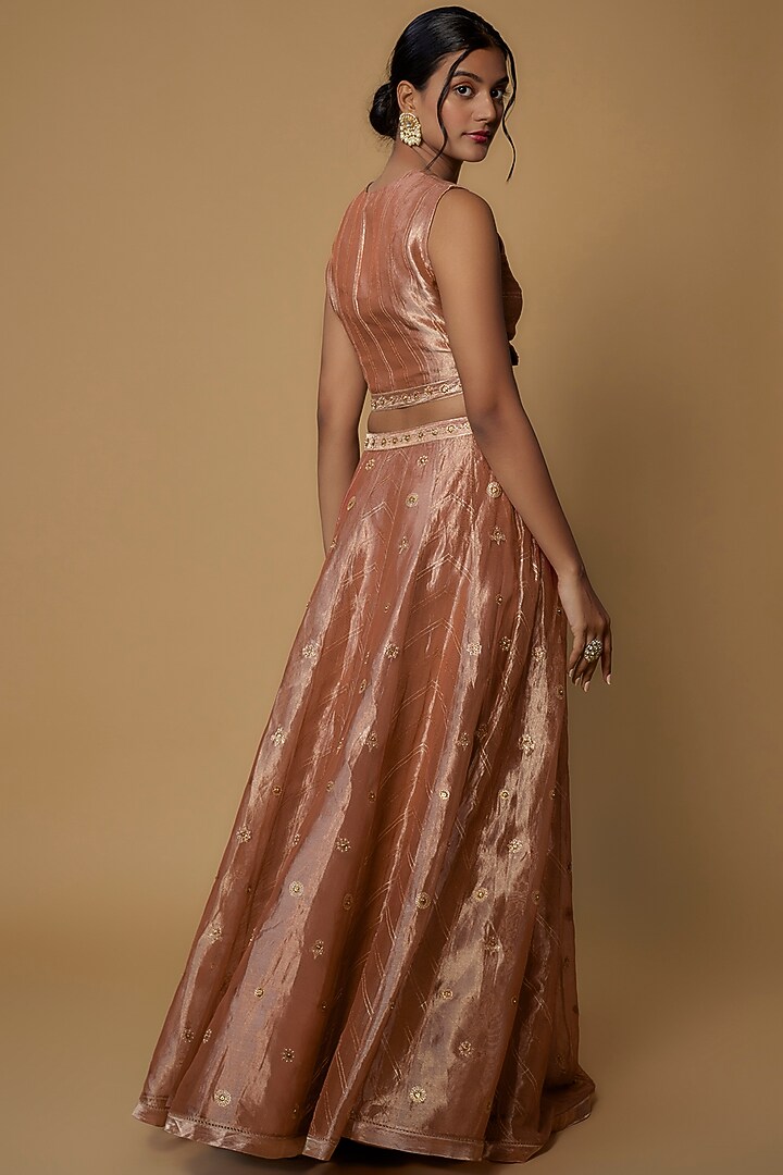 Blush Pink Tissue Silk Embroidered Wedding Lehenga Set by Deep thee at Pernia's Pop Up Shop